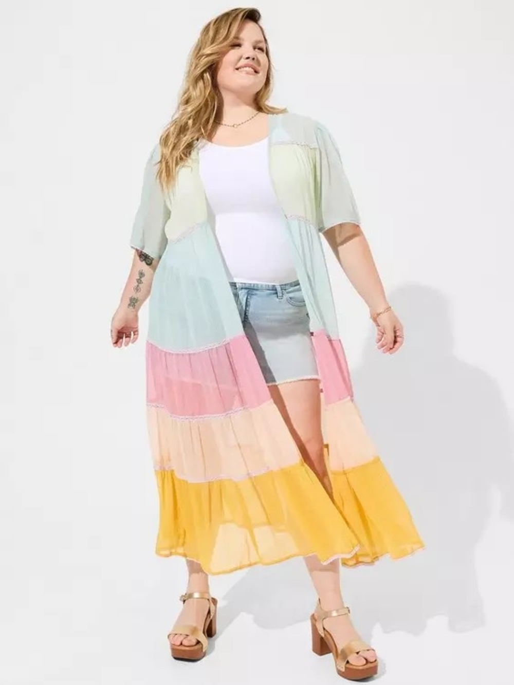 torrid Pastel Rainbow Tiered Maxi Kimono - Yellow, Pink, Mint, Peach